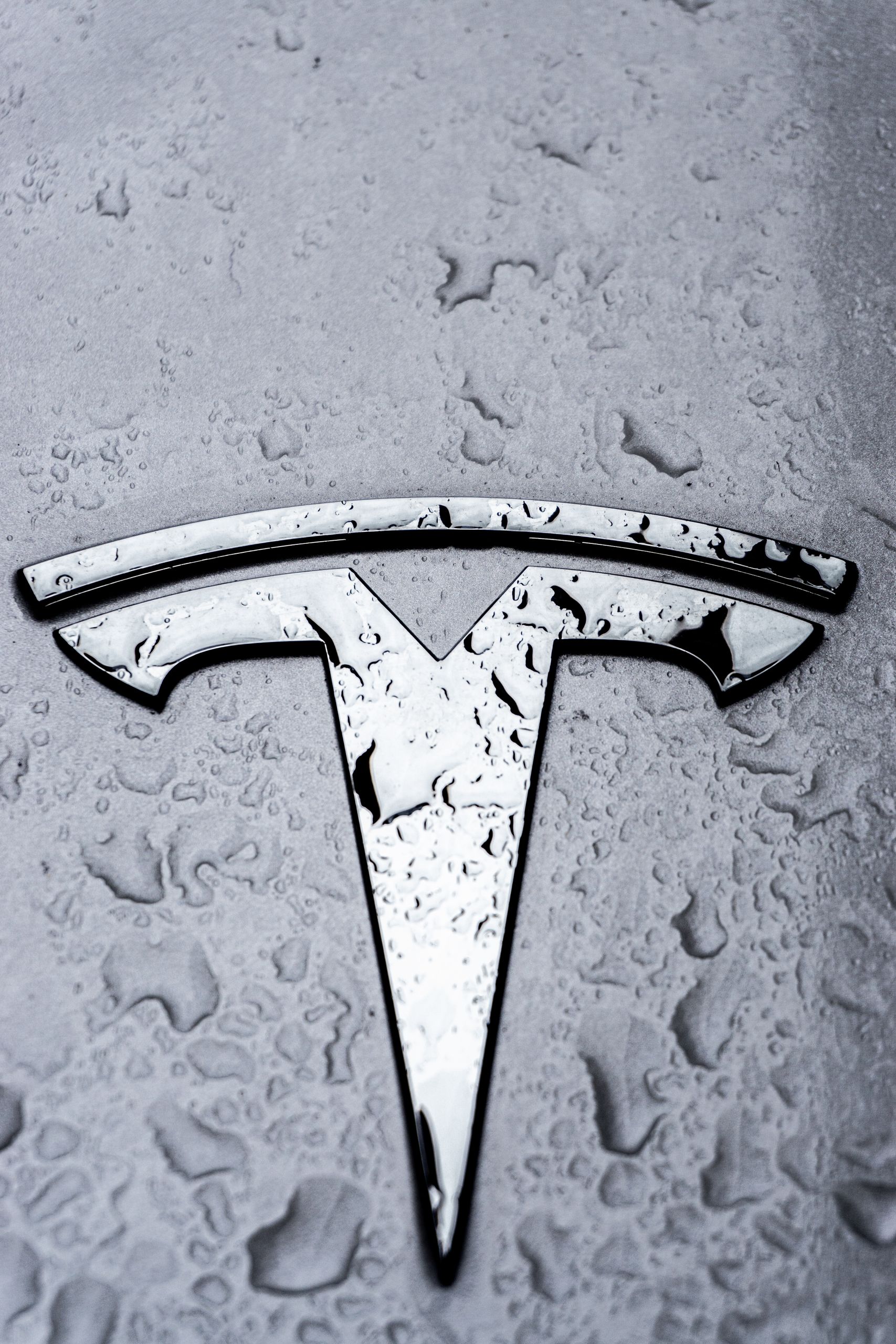 Tesla Skadeservice 9 Metallic Tesla logo covered in raindrops, showcasing sleek design.